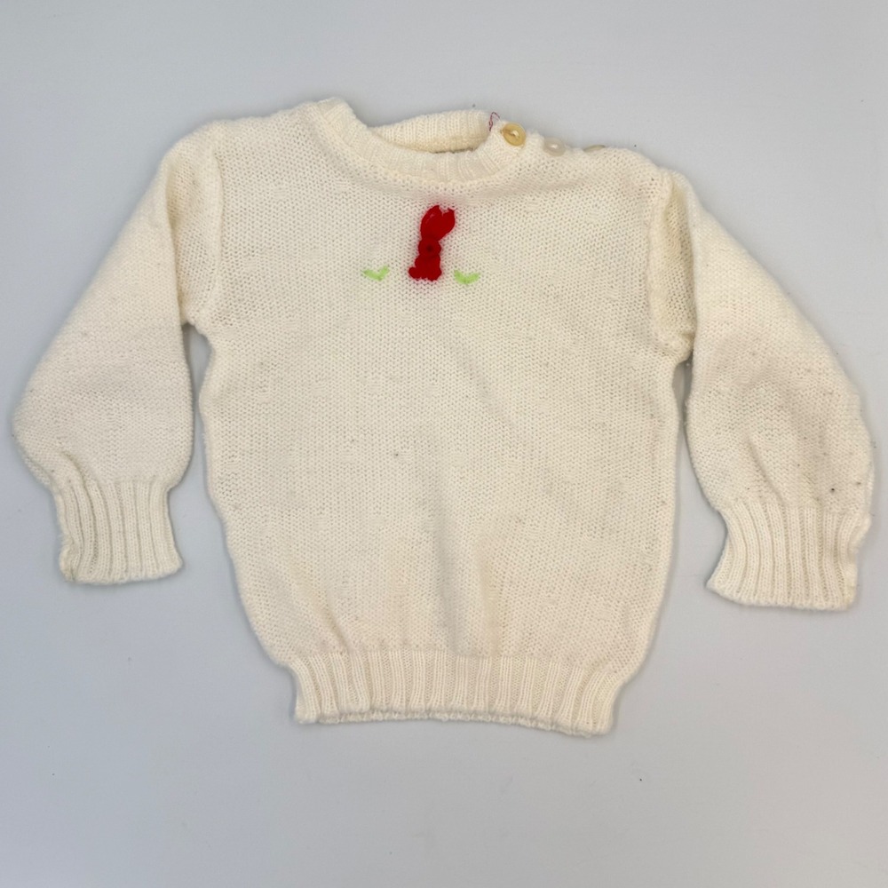 Vintage Handknit Bunny Sweater – Cream Knit, 6–12M, Mid-Century‎ Charm
